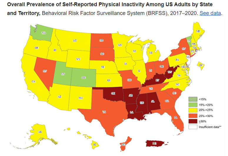 Overall Prevalance of Self-Reported Physical Inactivity Among US Adults by State and Territory